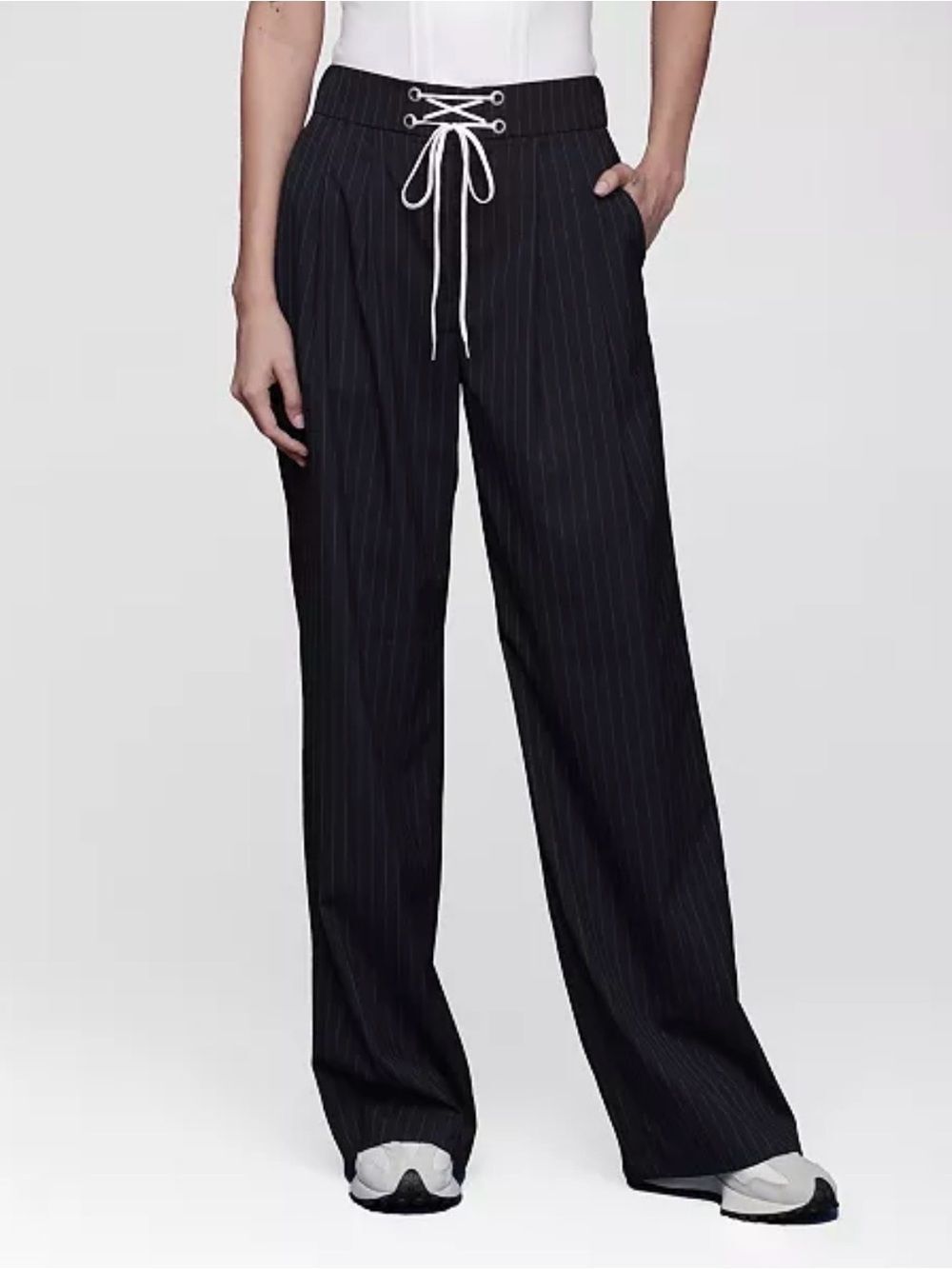 Avec Les Filles Navy Blue Pinstripe Women's Lace Up Wide Leg Trousers 8 x 30 ins